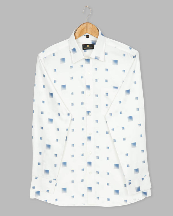 Men's Printed Blue Square White Shirt
