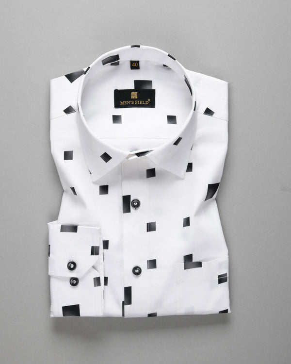 Men's Bright White Printed Square Formal Shirt