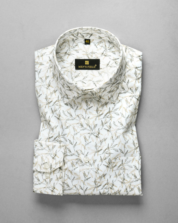 Men's Printed Leaves Long Sleeve White Shirt
